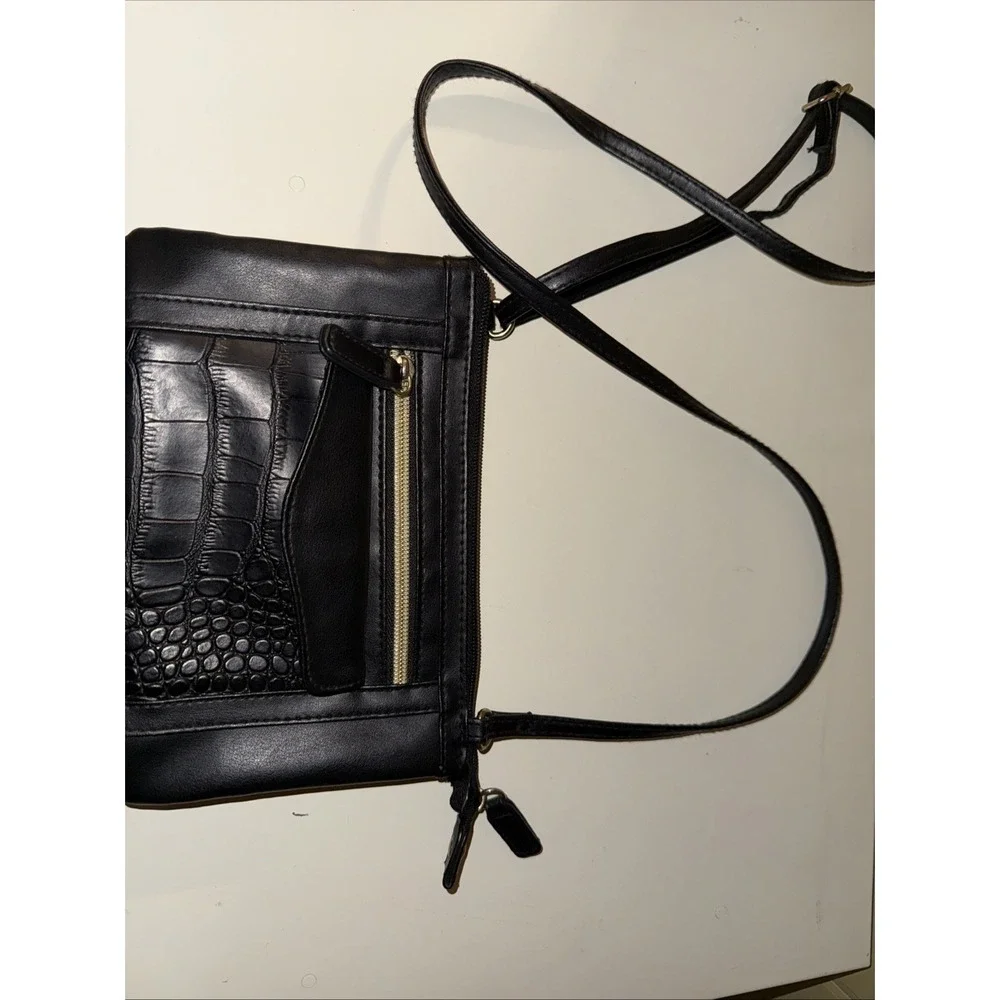 Black Croc Embossed Faux Leather Crossbody Bag with Multiple Pockets and Strap